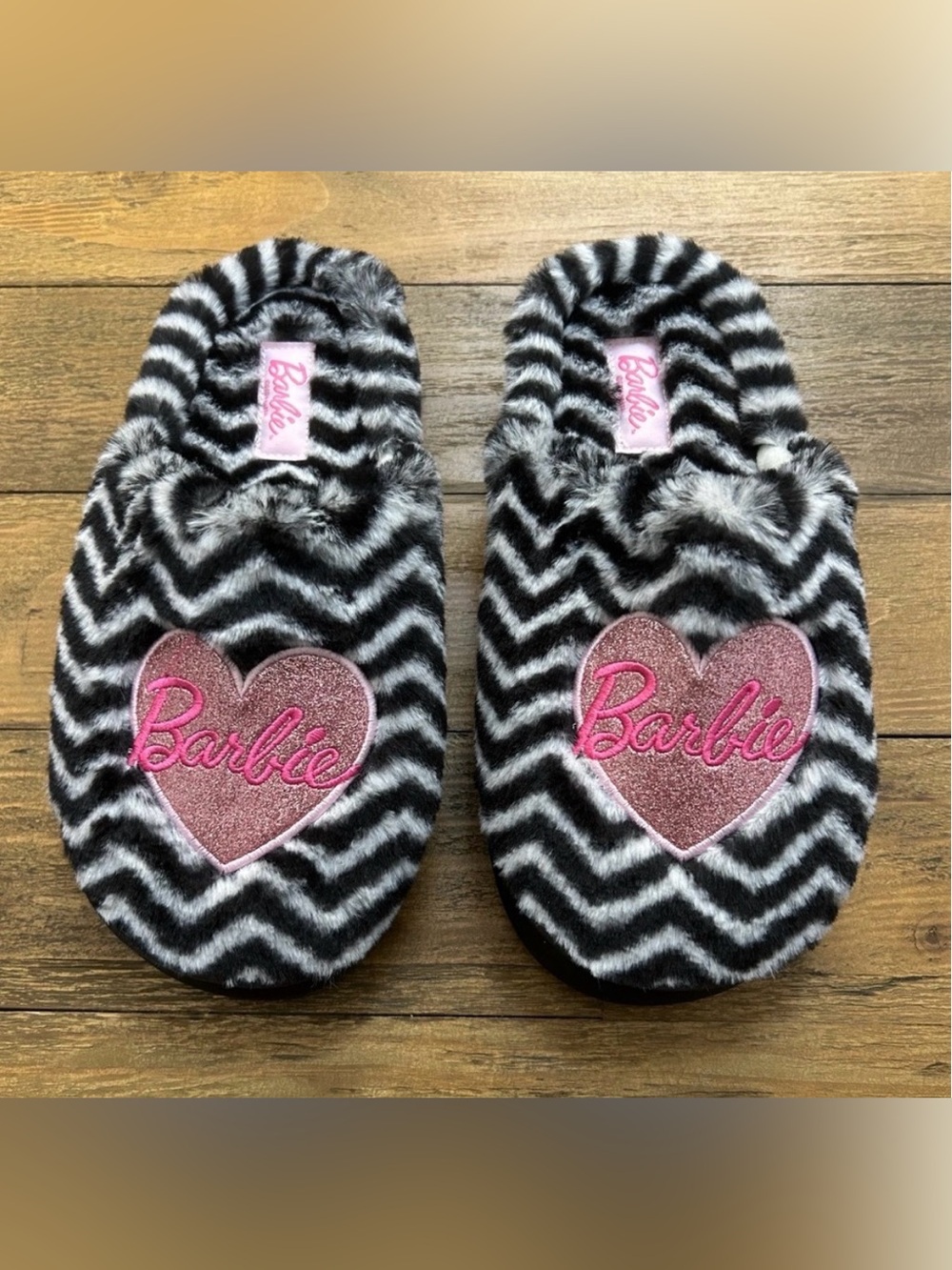 BARBIE Zebra Black white Slippers  Pink Glittery Heart embroidery | 6.6-7.5